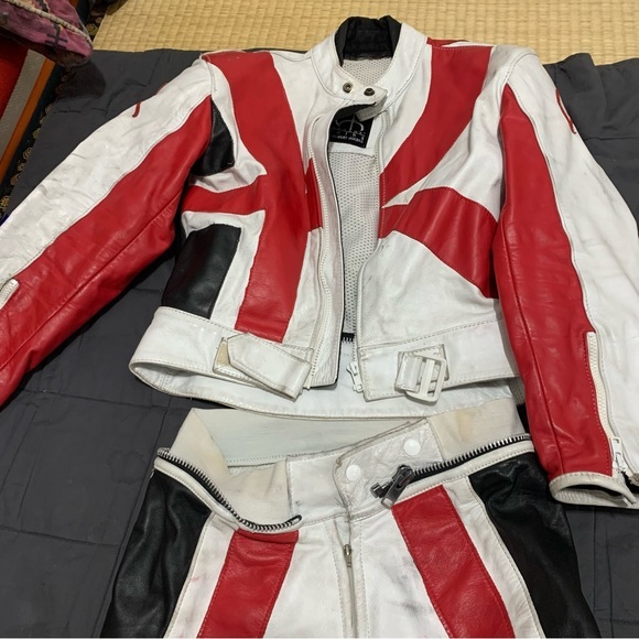 Women’s White red protective gear Akoury leather biker suit with protection 2 pc - Picture 5 of 17